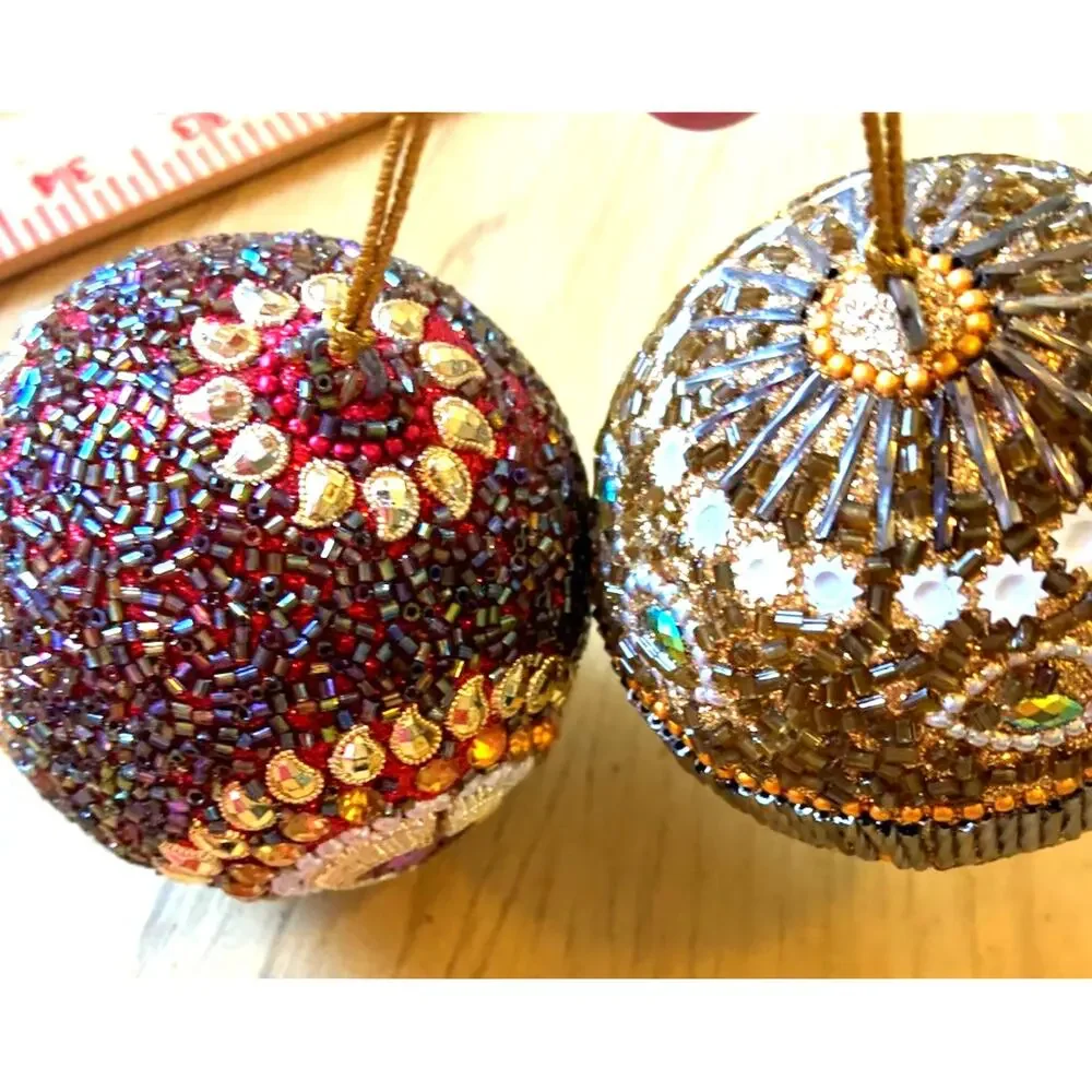 2 VTG Beaded Christmas Ornaments Jewels Balls Ornate Bling Sparkle Pier 1 Style